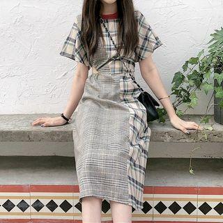 Plaid Paneled Cutout Short-sleeve Midi A-line Dress