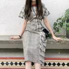 Plaid Paneled Cutout Short-sleeve Midi A-line Dress