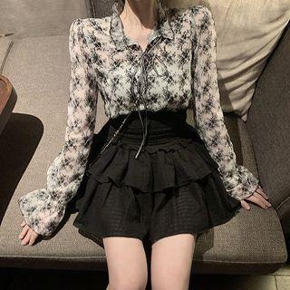 Long-sleeve Floral Blouse / A-line Mini Skirt