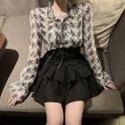 Long-sleeve Floral Blouse / A-line Mini Skirt