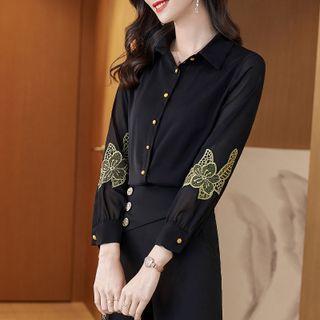 Flower Embroidered Shirt / Dress Pants / Midi Skirt / Set