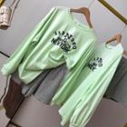 Set: Short Sleeve Round Lettering Crop T-shirt + Plain Shorts Green - One Size