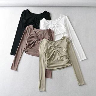 Long Sleeve Ruched Plain Crop Top