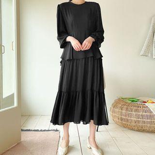 Bell-cuff Tie-waist Long Tiered Dress