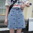 High-waist Heart Embroidered Denim Mini Skirt