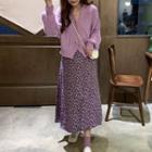 Floral Print Midi A-line Skirt / Cable Knit Cardigan