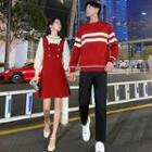 Couple Matching Long-sleeve Two-tone Knit A-line Dress / Striped Sweater / Cropped Straight Leg Pants