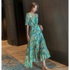 Leaf Print Bell-sleeve Maxi A-line Dress