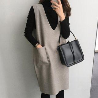 Set: Turtleneck Long-sleeve T-shirt + Pocket Detail Pinafore Dress