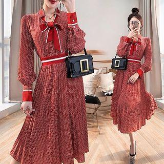 Set: Printed Bow Accent Blouse + Midi A-line Skirt