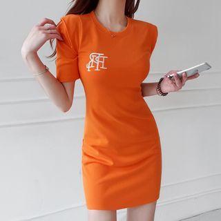 Letter Embroidered Short-sleeve Mini T-shirt Dress