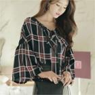 Wide-sleeve Check-patterned Blouse