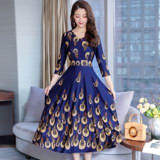 3/4-sleeve Jacquard A-line Midi Knit Dress