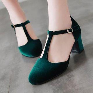 Velvet Block-heel Mary-janes