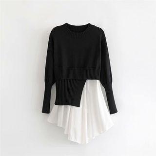 Lantern-sleeve Mock Two-piece Asymmetrical Knit Top Black - One Size
