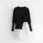 Lantern-sleeve Mock Two-piece Asymmetrical Knit Top Black - One Size