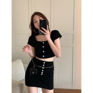 Set: Short-sleeve Button-up Crop Top + Mini Pencil Skirt