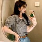 Puff-sleeve Gingham Blouse Gingham - Black - One Size