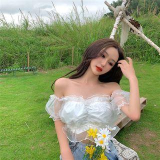 Mesh Trim Off-shoulder Cap-sleeve Cropped Blouse