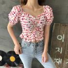 Puff-sleeve Shirred Dotted Cropped Top