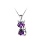 925 Sterling Silver Cat Pendant With Purple Cubic Zircon And Necklace