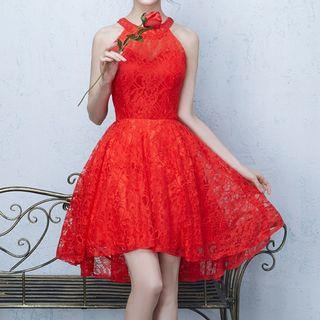 Lace Midi Sleeveless Dip Back Evening Dress