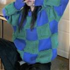 Check Fleece Sweater Check - Blue & Green - One Size
