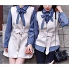 Bow Accent Blouse / V-neck Tie Waist Vest / Pinafore Dress / Set
