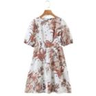 Puff-sleeve Lattice Back Print Dress