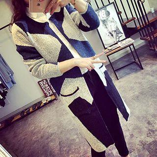 Two-tone Open Front Long Cardigan