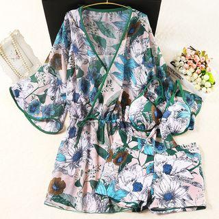 Set: Floral Bikini Top + Shorts + Cover Up