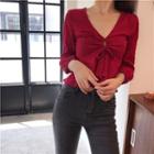 3/4-sleeve V-neck Blouse Wine Red - One Size
