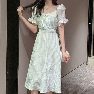Ruffle Trim Panel Gingham Midi A-line Dress