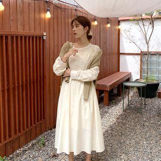 Puff-sleeve Band-waist Eyelet-lace Dress Cream - One Size
