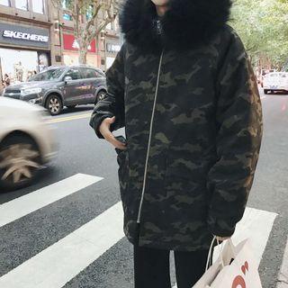 Faux Fur-trim Camo Hooded Coat