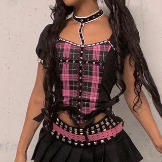 Plaid Paneled Cut-out Short Sleeve Top