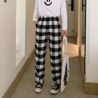 Gingham Straight Leg Pants Gingham - Black & White - One Size