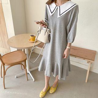 Sailor-collar Ruffle-hem Midi Dress