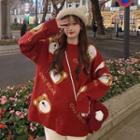 Bear Printed Knit Sweater Red - One Size