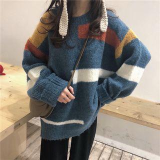 Long-sleeve Color Block Sweater As Shown In Figure - One Size