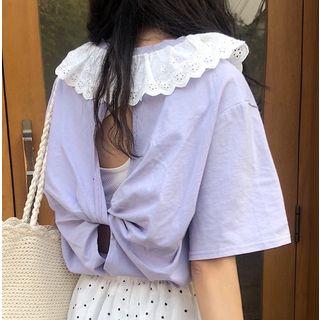 Lace-trim Open-back Short-sleeve T-shirt