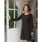 Long-sleeve Perforated-trim Shift Dress