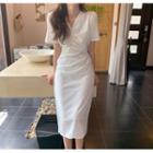 Plain Short-sleeve Shirred V-neck Midi A-line Dress
