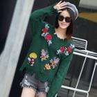 Floral Embroidered Distressed Sweater