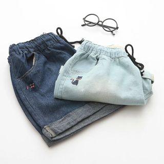 Cat Embroidered Drawstring Denim Shorts