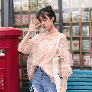 3/4-sleeve Off Shoulder Floral Chiffon Top