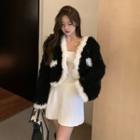Color-block Furry Jacket / Pleated Tube Dress
