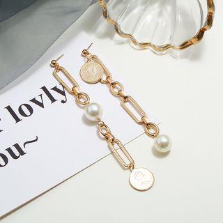 Non-matching Faux Pearl Alloy Coin Dangle Earring Kc Gold - White - One Size