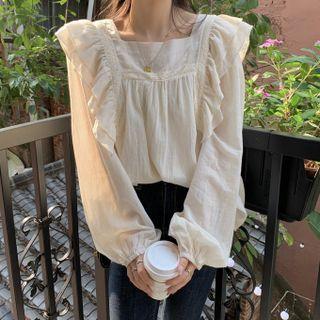 Square-neck Ruffle Long-sleeve Shirt Almond - One Size