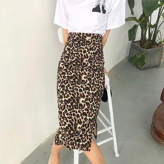 Elasticized-waist Leopard Pencil Skirt Brown - One Size
